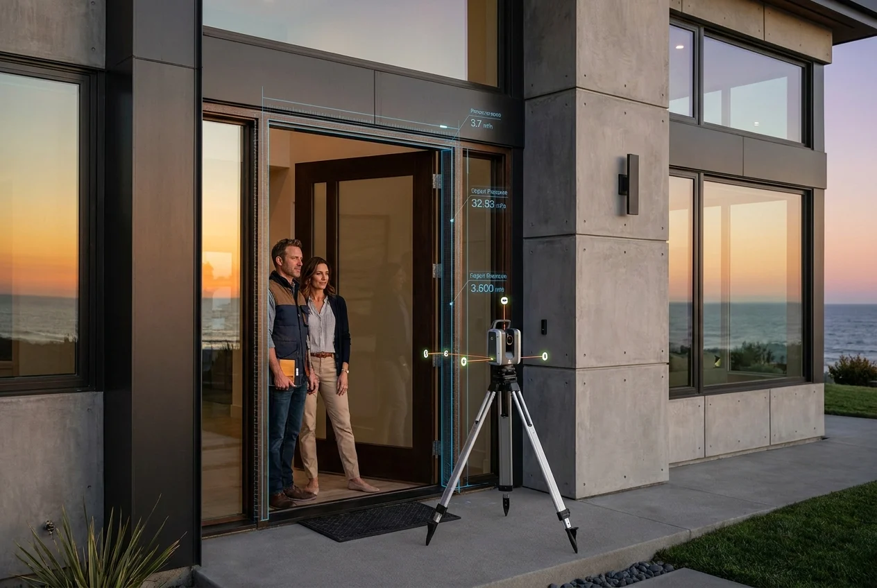 Installer measuring a coastal entry door opening and reviewing pressure specifications