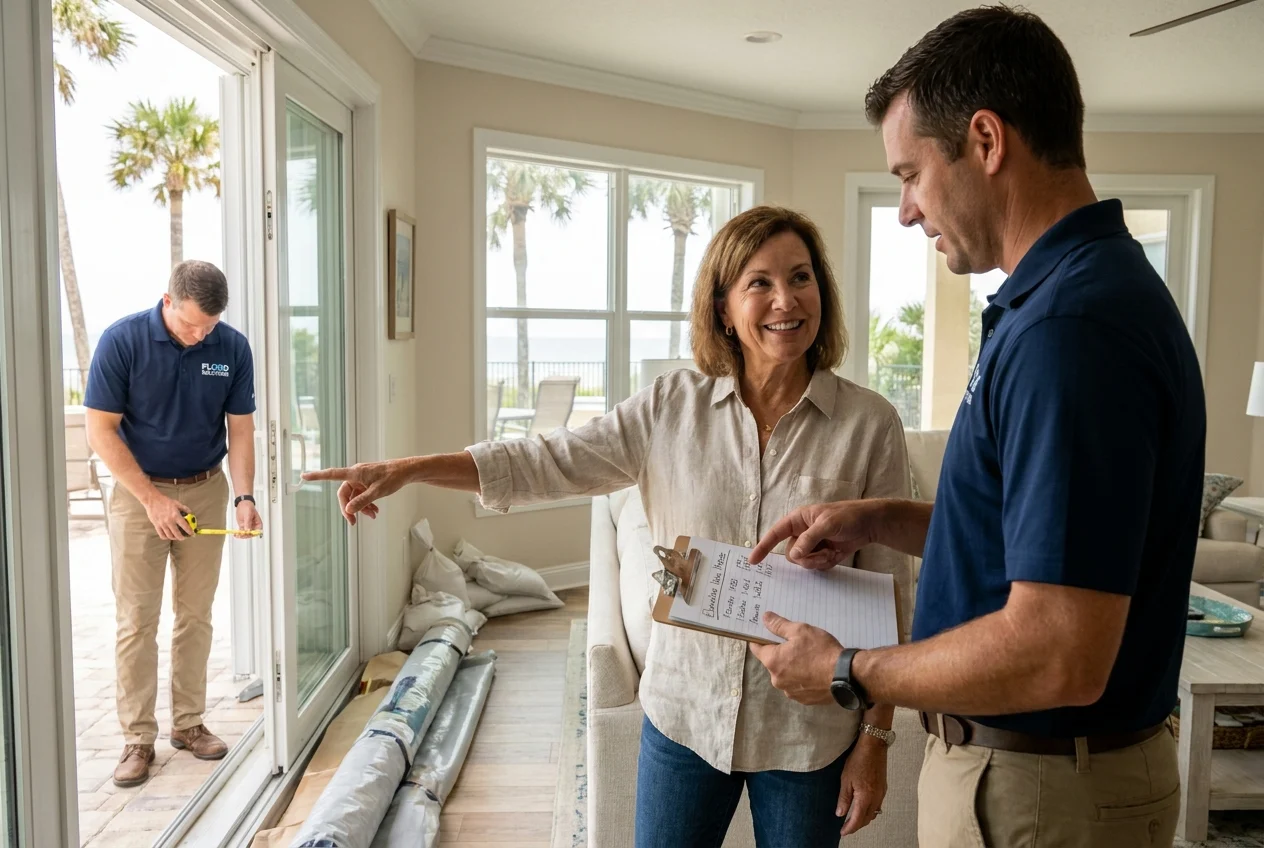 Homeowner, specialist, and contractor discussing flood barrier placement in coastal home