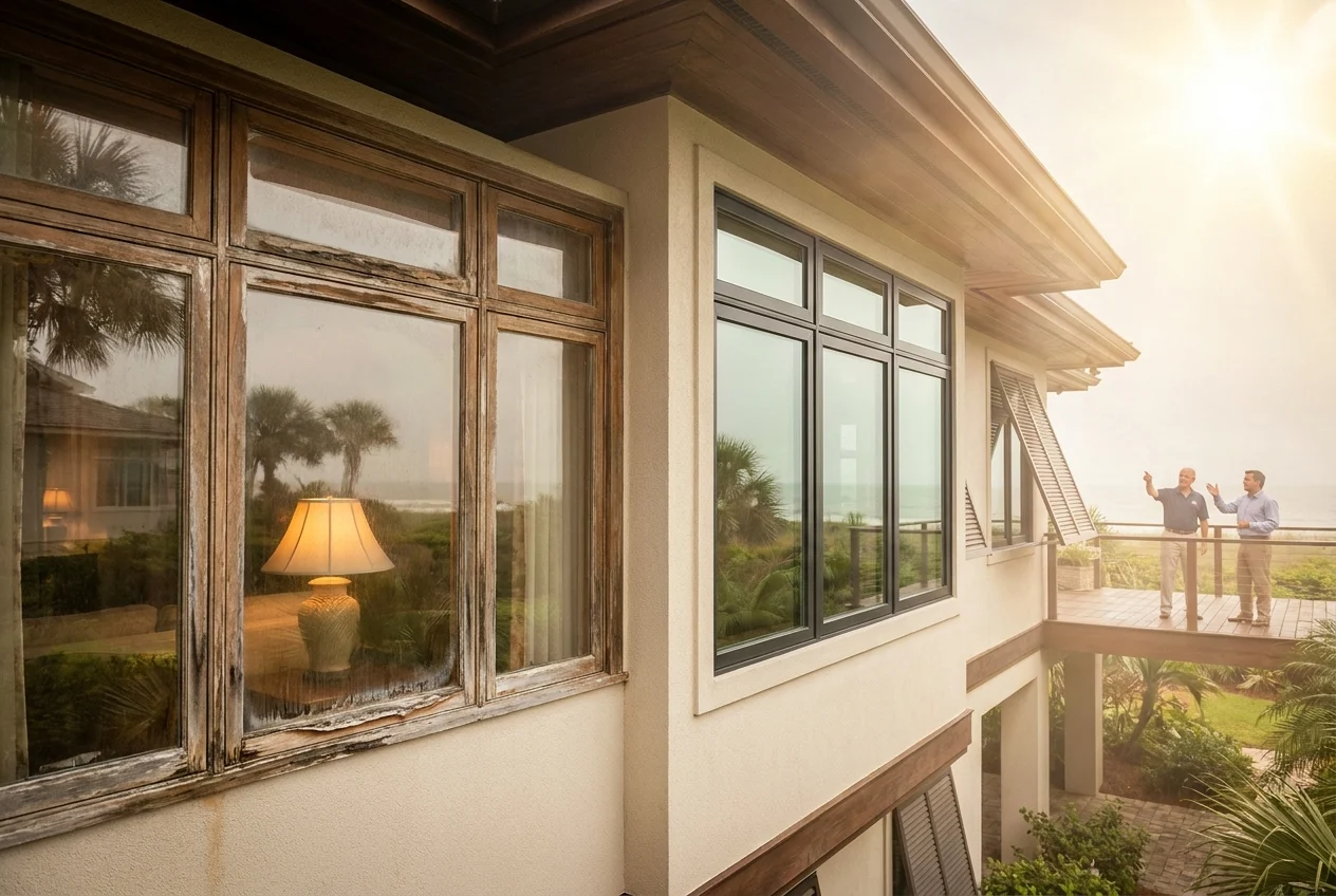 cinematic-wide-hero-scene-of-a-r7fehX Cinematic wide hero scene of a Florida coastal home under intense sun and humid haze, showing the contrast between an