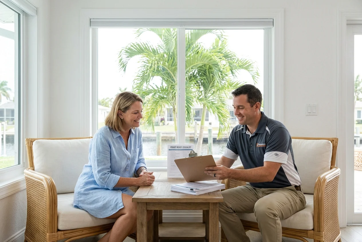 Homeowner consults window expert about impact-rated windows and permit compliance in bright living room