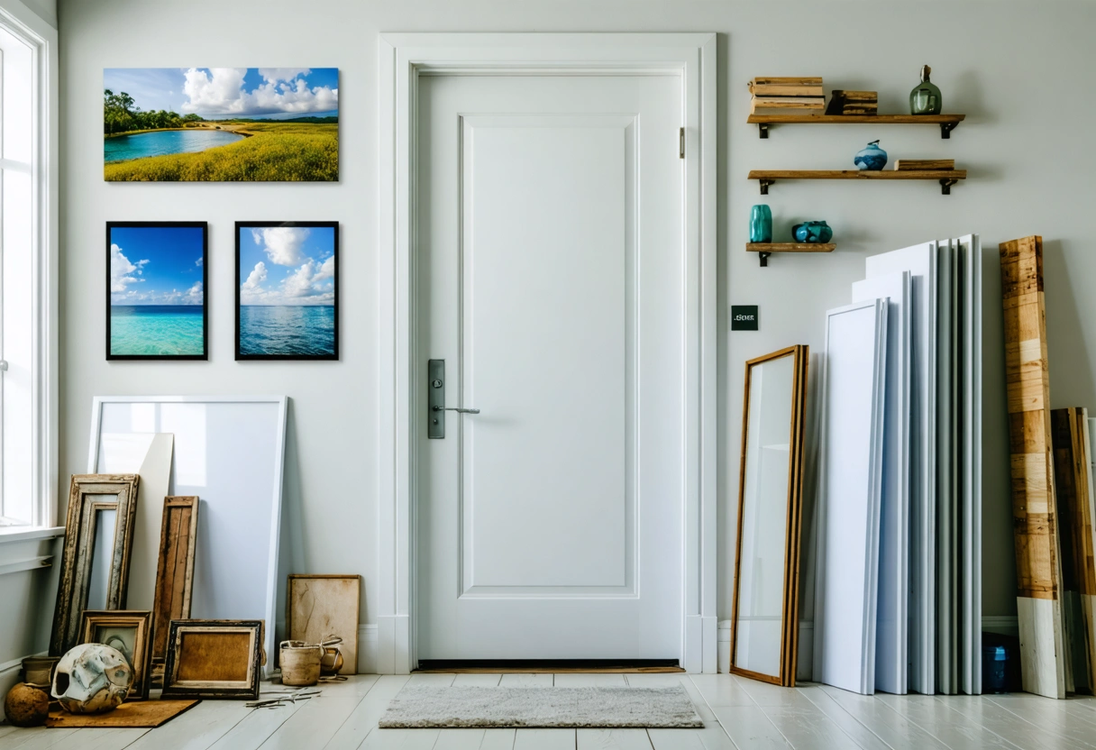 Coastal entryway contrasted with a reinforced storm door during heavy rain