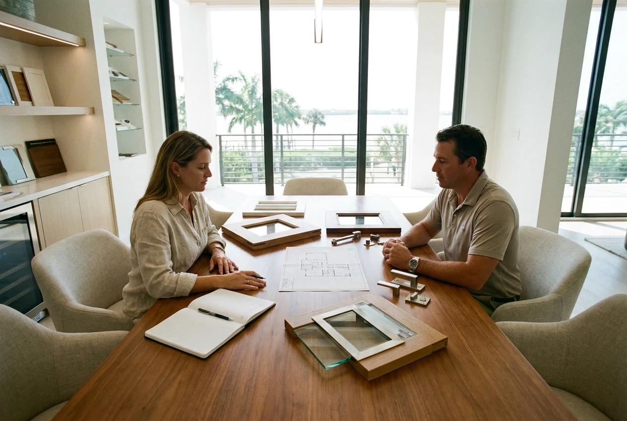 Homeowner and installer reviewing impact-rated entry door options together
