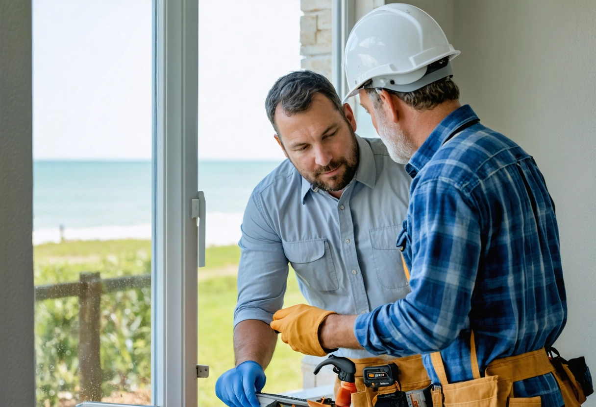 Installer and homeowner inspect window frame, flashing, and moisture protection in Florida home