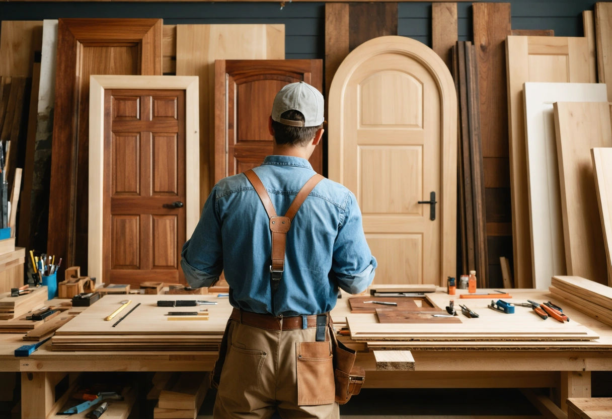 Wood door samples with grain cards, finish brush, and hardware