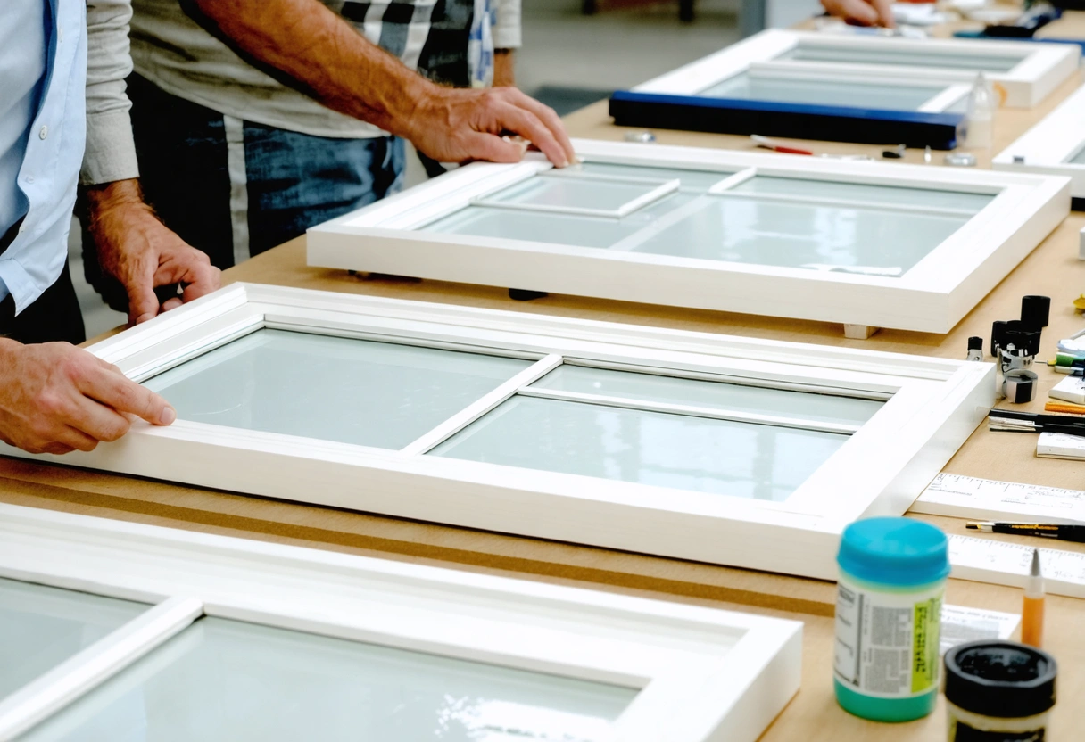 Professionals compare fiberglass and composite window samples in a Florida testing workspace
