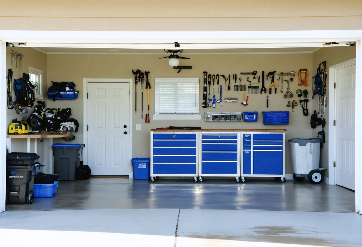 Neatly arranged flood barriers, anchors, and storage in a Florida garage workshop