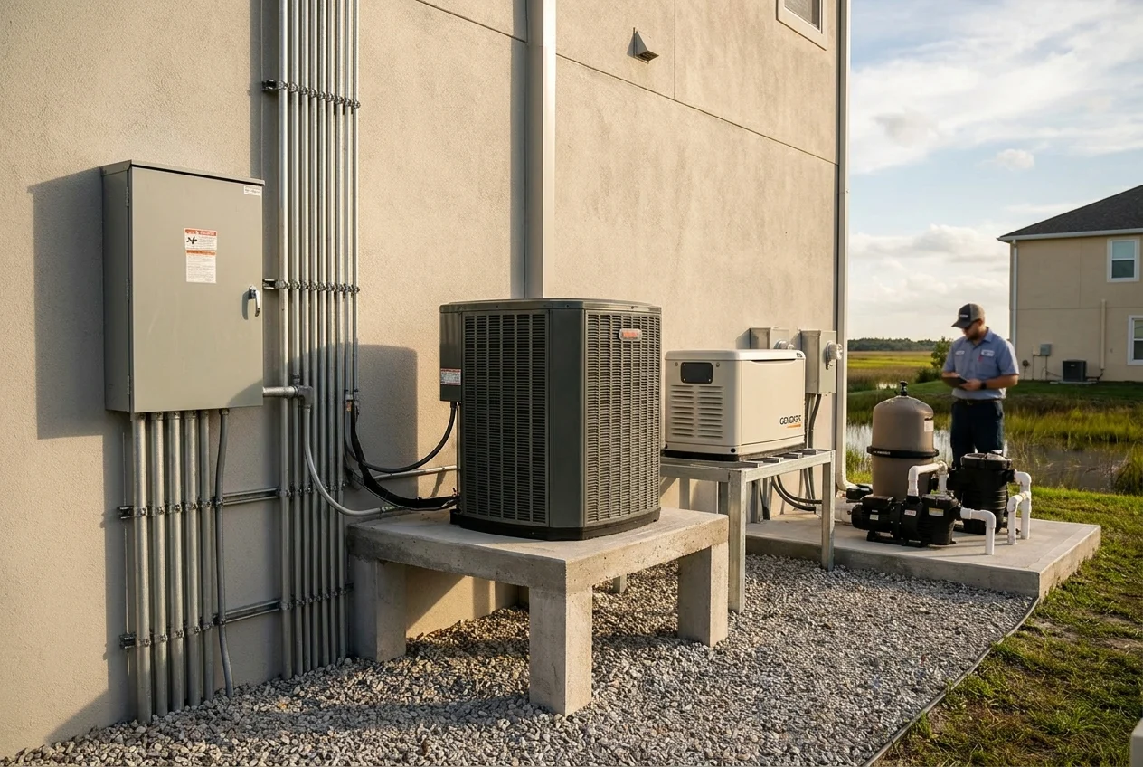 Elevated home utilities and equipment protected above flood levels in a Florida residence