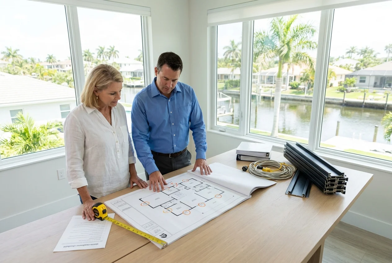 photorealistic-modern-florida-home-planning-scene-v2wRQc Property manager and homeowner reviewing