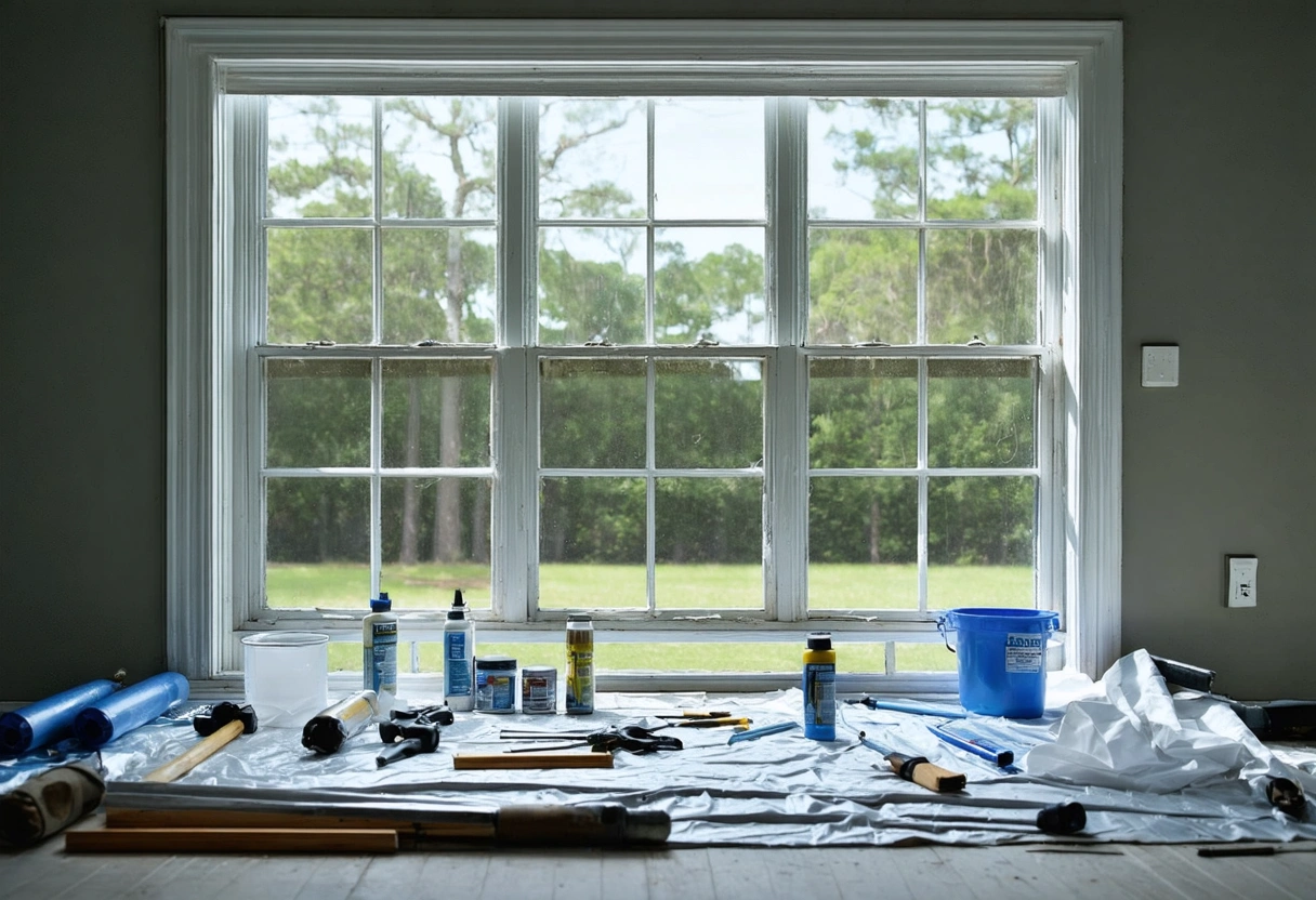 Neatly prepared Florida window installation area with tools, flashing, and partially finished opening