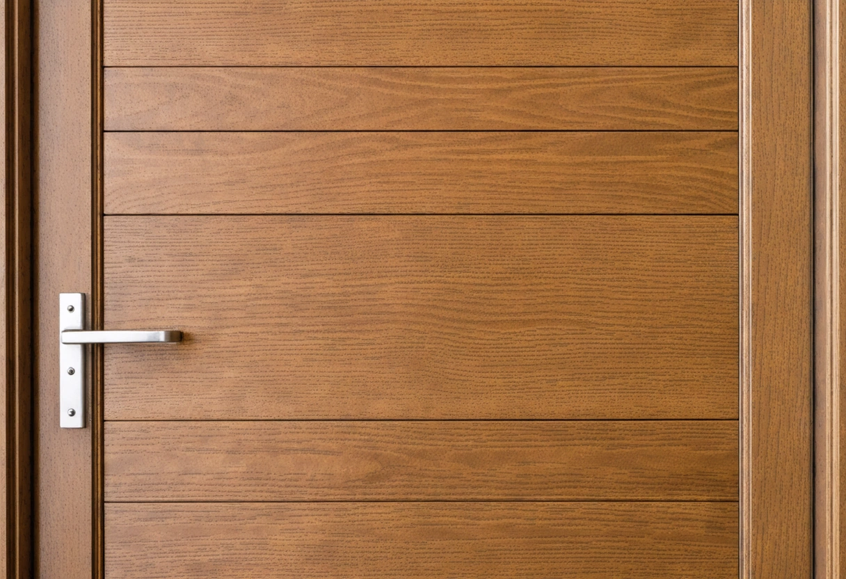 Fiberglass impact door slab with trim, hardware, and weather-sealing materials