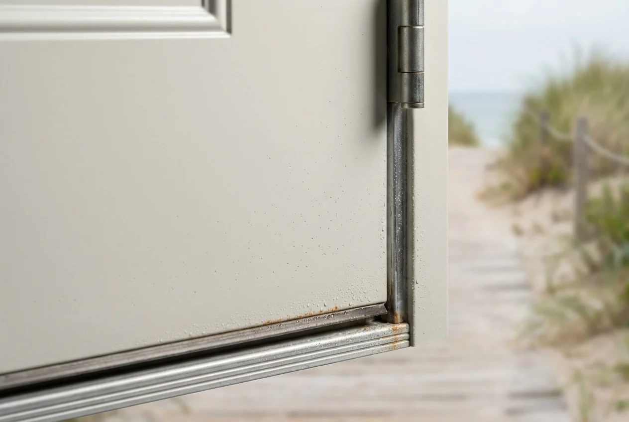 Close-up steel door edge showing coating, seam, and salt exposure