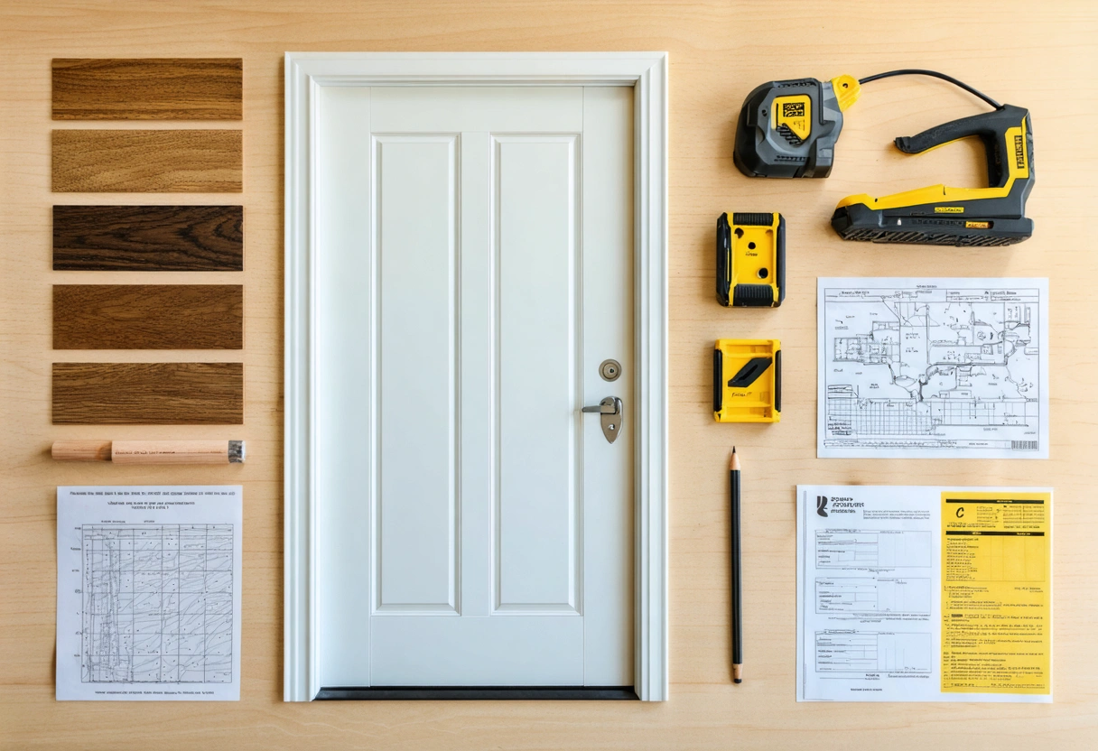 Fiberglass door planning materials with samples, seals, tools, and notes
