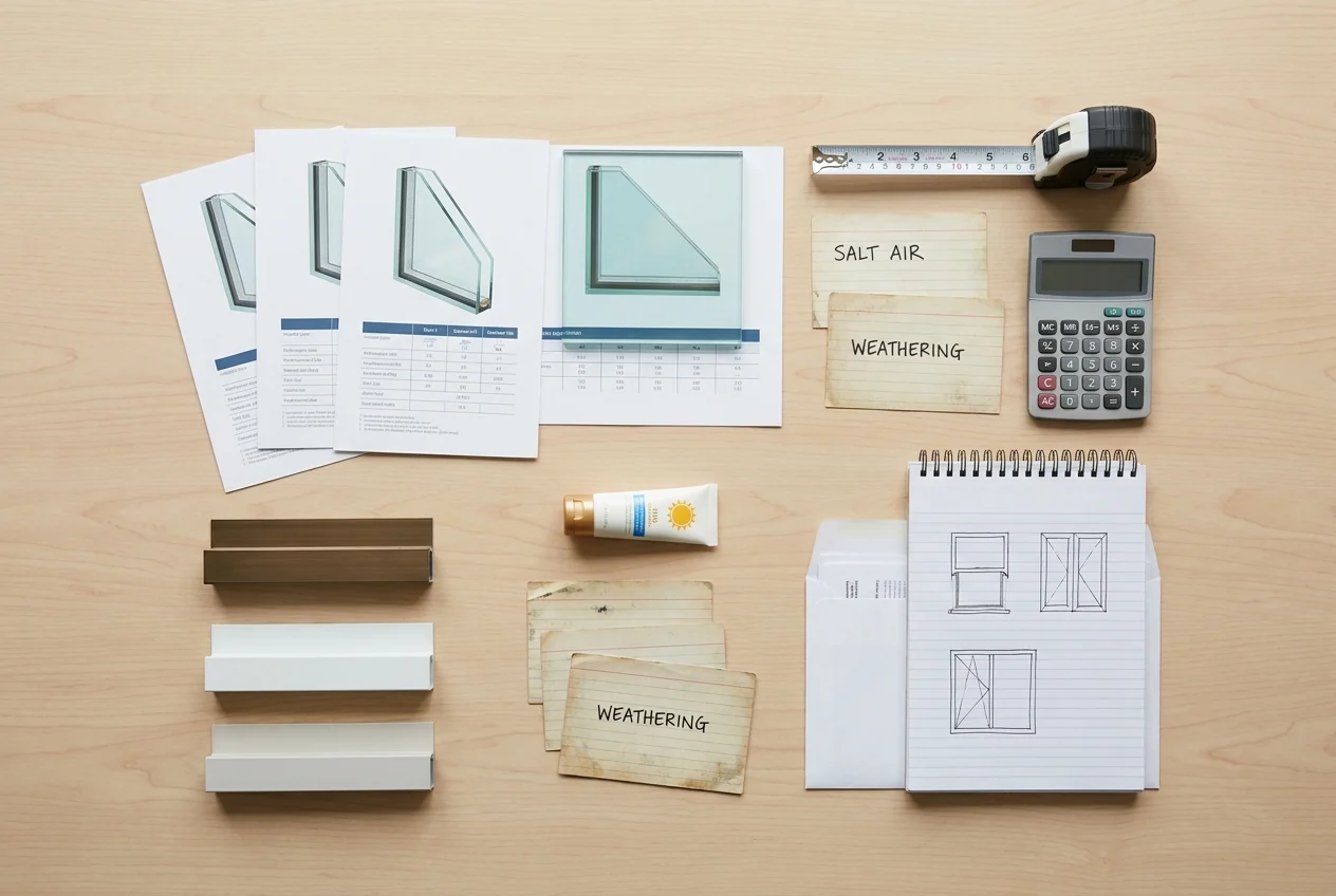 Top-down planning materials for Florida window replacement with samples, tools, and energy notes