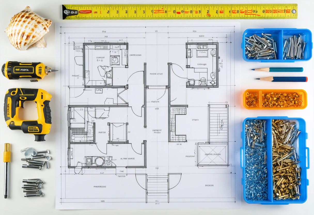 Top-down flood protection planning workspace with tools, notes, and barrier components