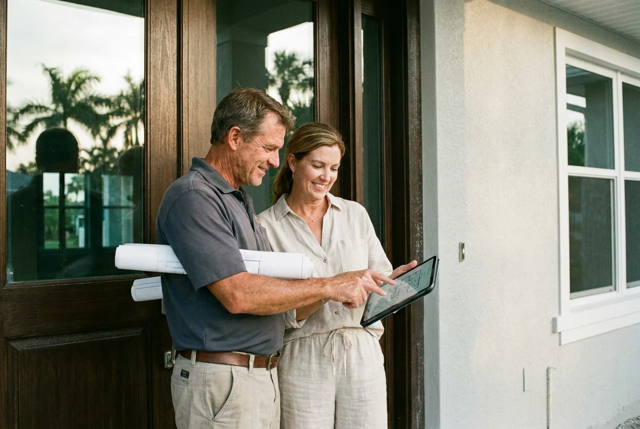Analog film hero scene of a Florida homeowner and an experienced door installer standing at a coastal entryway
