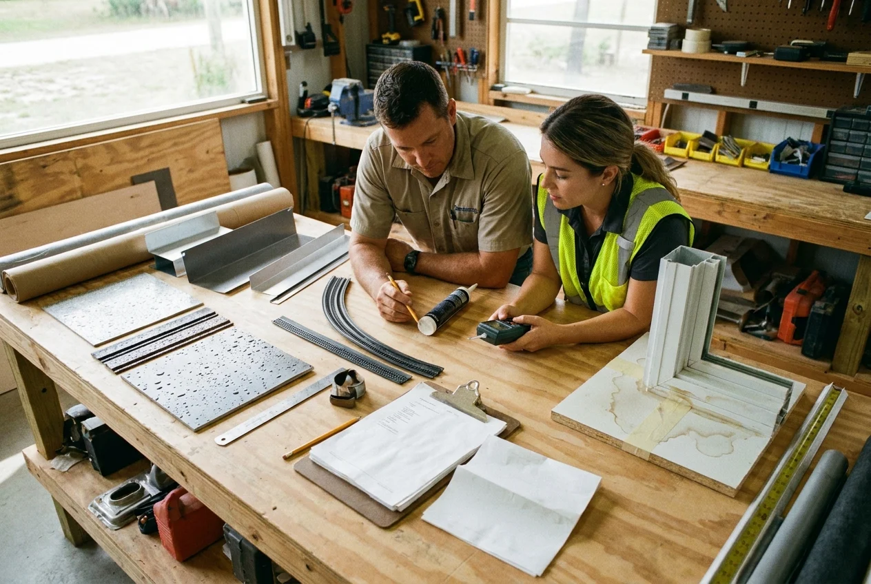 Installer and inspector review storm protection flashing, sealant, and drainage components