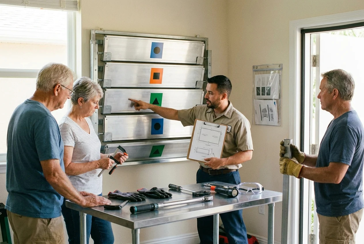 Maintenance checklist beside stored flood barriers and inspection tools