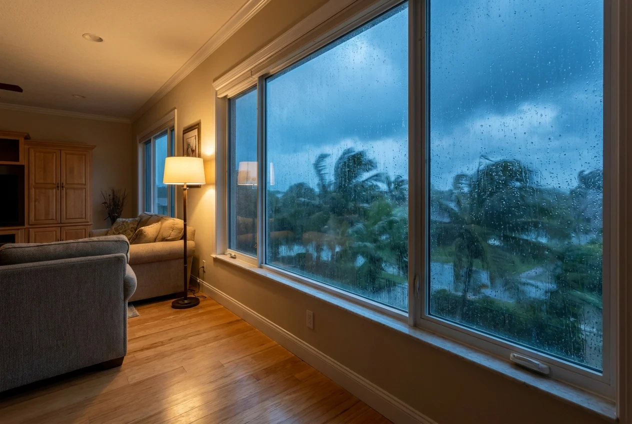 Impact window blocks wind-driven rain while interior stays dry
