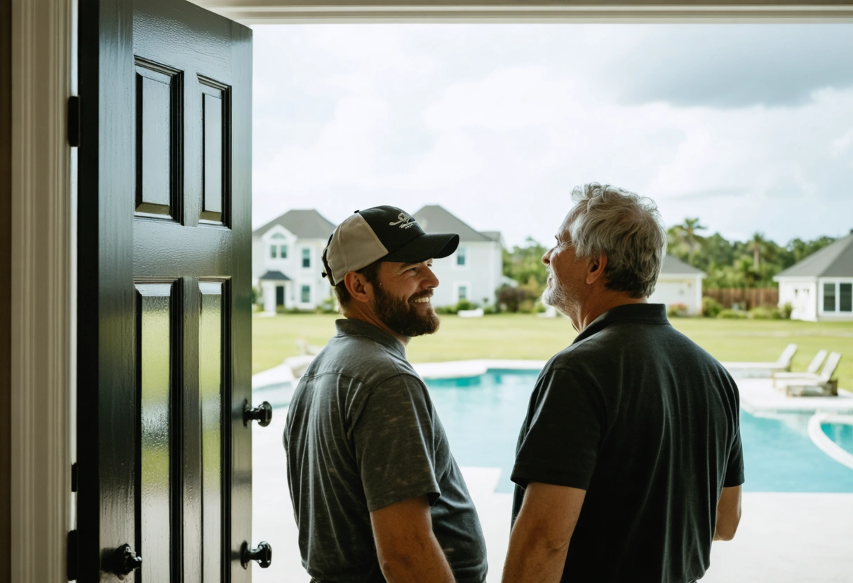 Installer and homeowner stand by a door with daylight showing through