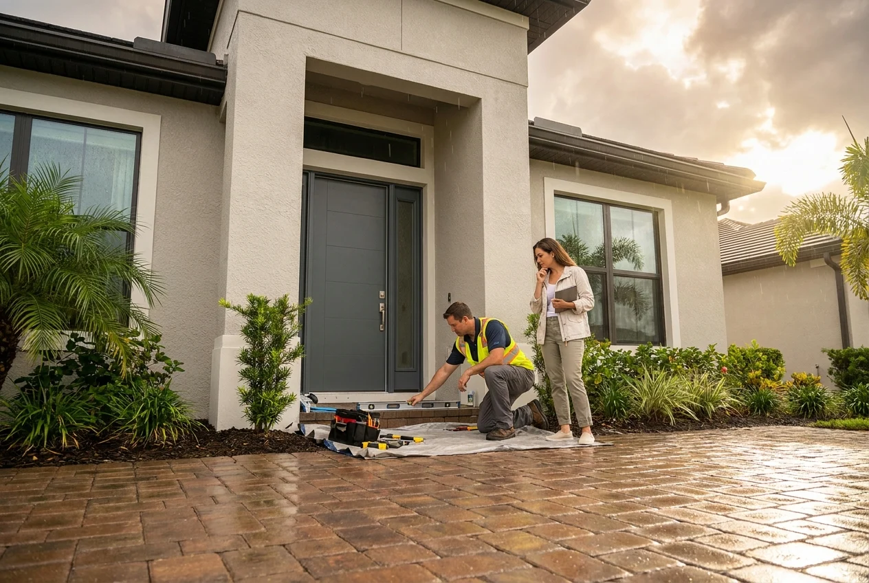 Installer checks a new entry door installation after a rainstorm