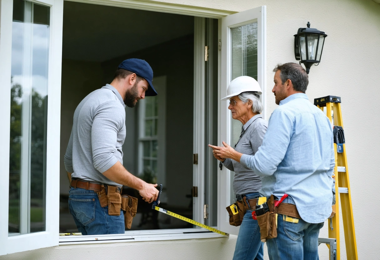 Two installers and a homeowner check window alignment with tools