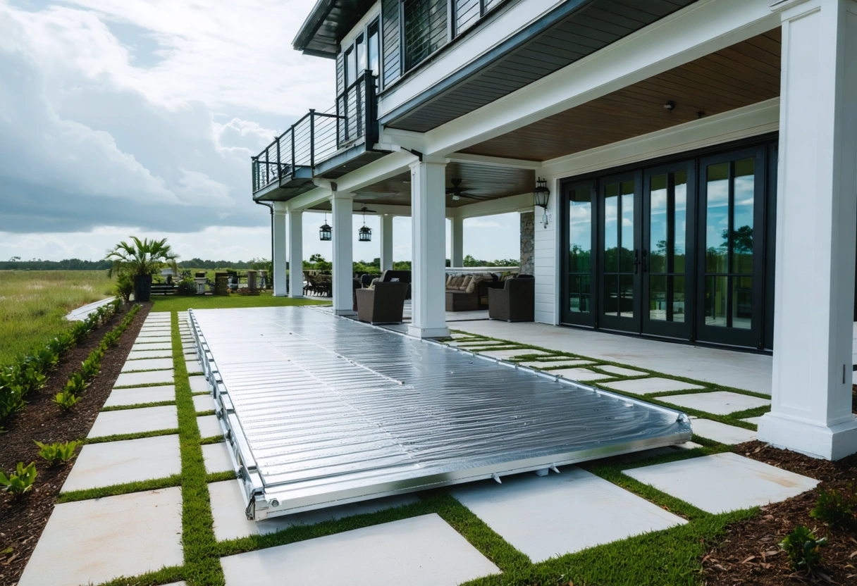 cinematic-photorealistic-hero-image-of-a-PdlGuO Installer and homeowner inspect flood barrier components outside coastal home