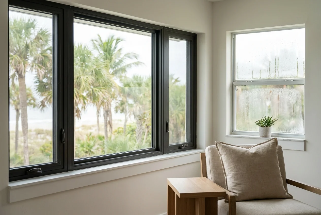 Coastal living room with clear insulated window beside a condensation-covered pane