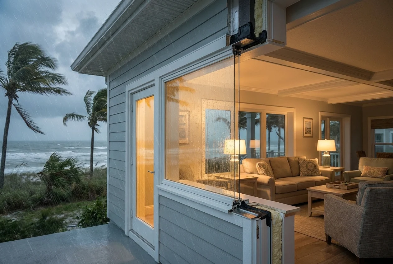 cinematic-wide-hero-scene-of-a-uoOgKb Cinematic wide hero scene of a Florida coastal home during a summer storm, showing a newly installed impact window