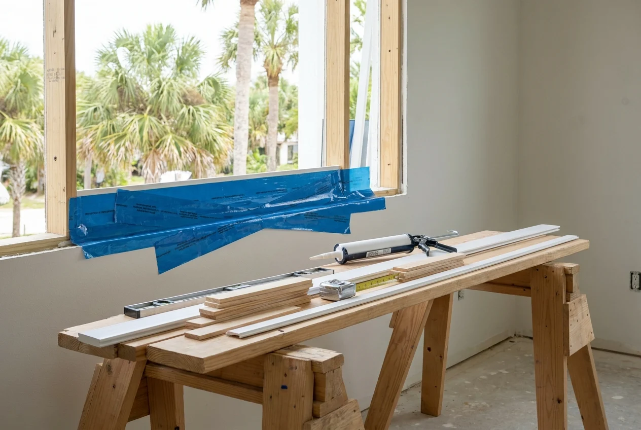 Organized window installation materials arranged beside a partially wrapped opening
