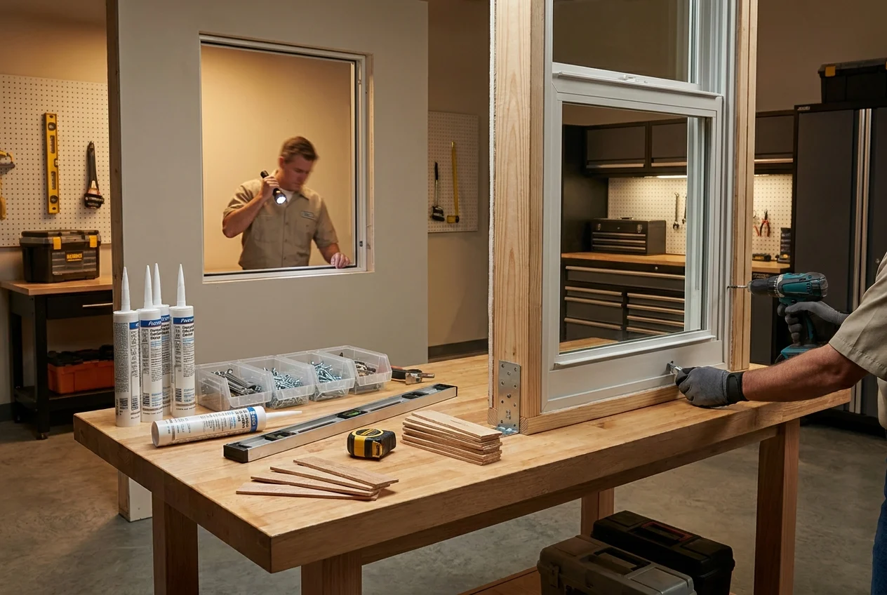 Installer checks impact window alignment in a contractor workspace