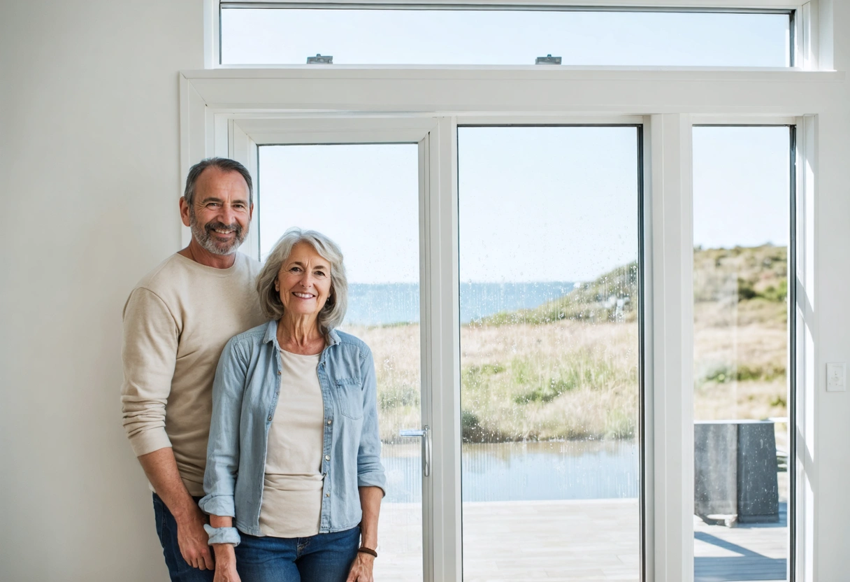 Homeowner and installer beside a clear freshly installed insulated glass window