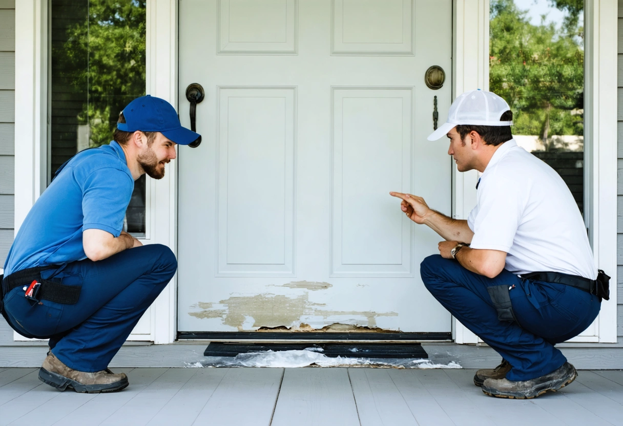 Professionals inspect worn weatherstripping and a damaged door sweep at entry threshold