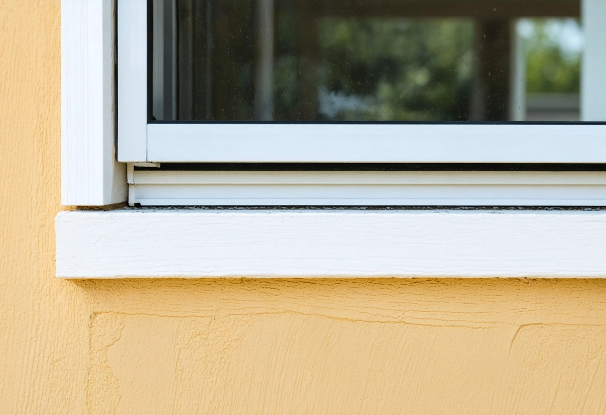 Close-up of properly drained window sill with flashing and sealant