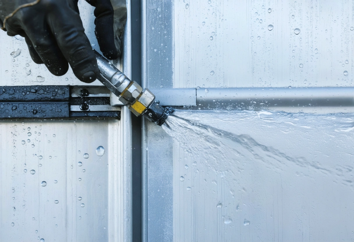 Worker cleaning debris from flood barrier seals and joints