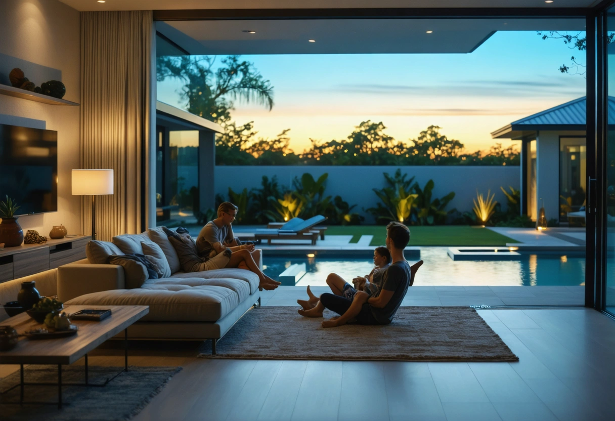 Family relaxes indoors while impact window softens outside noise at dusk