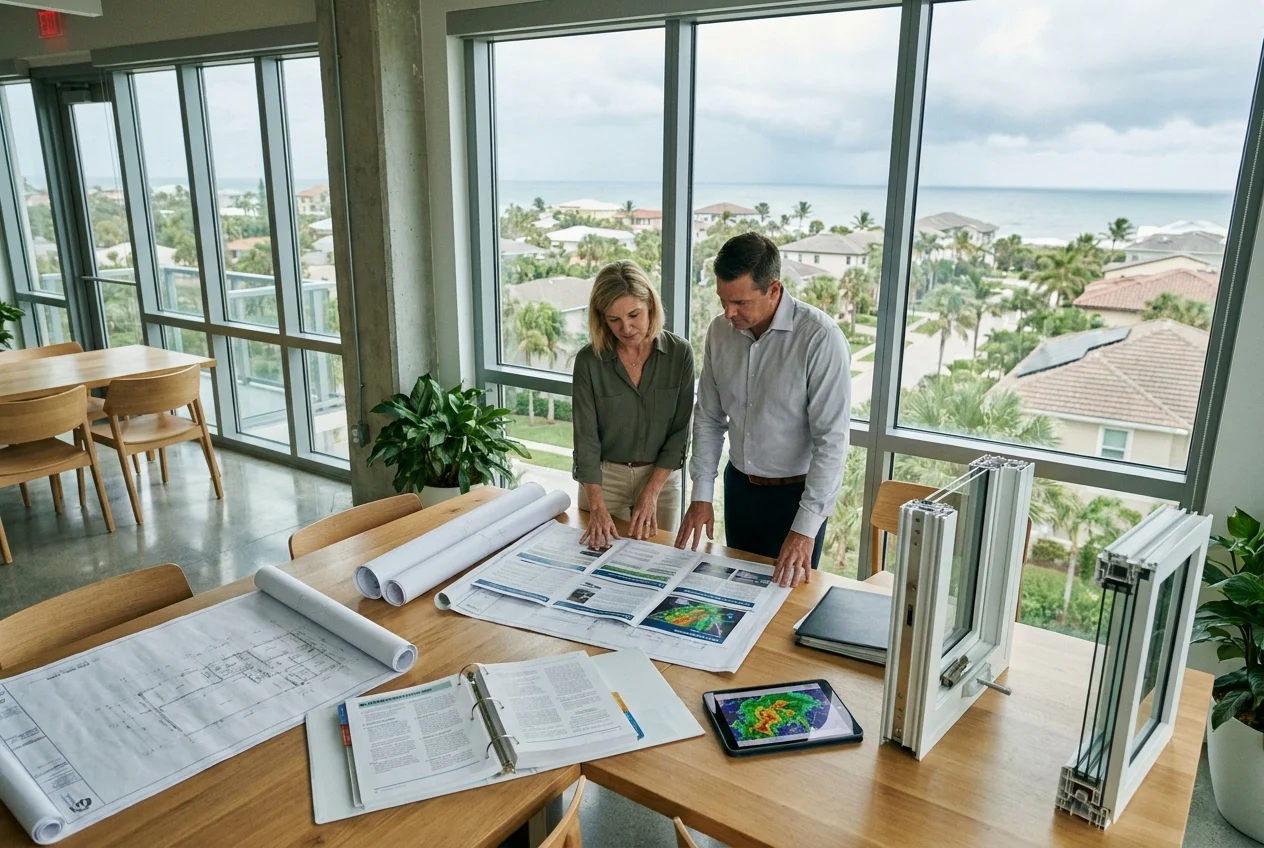 Homeowner and professional reviewing hurricane preparedness plans in bright office
