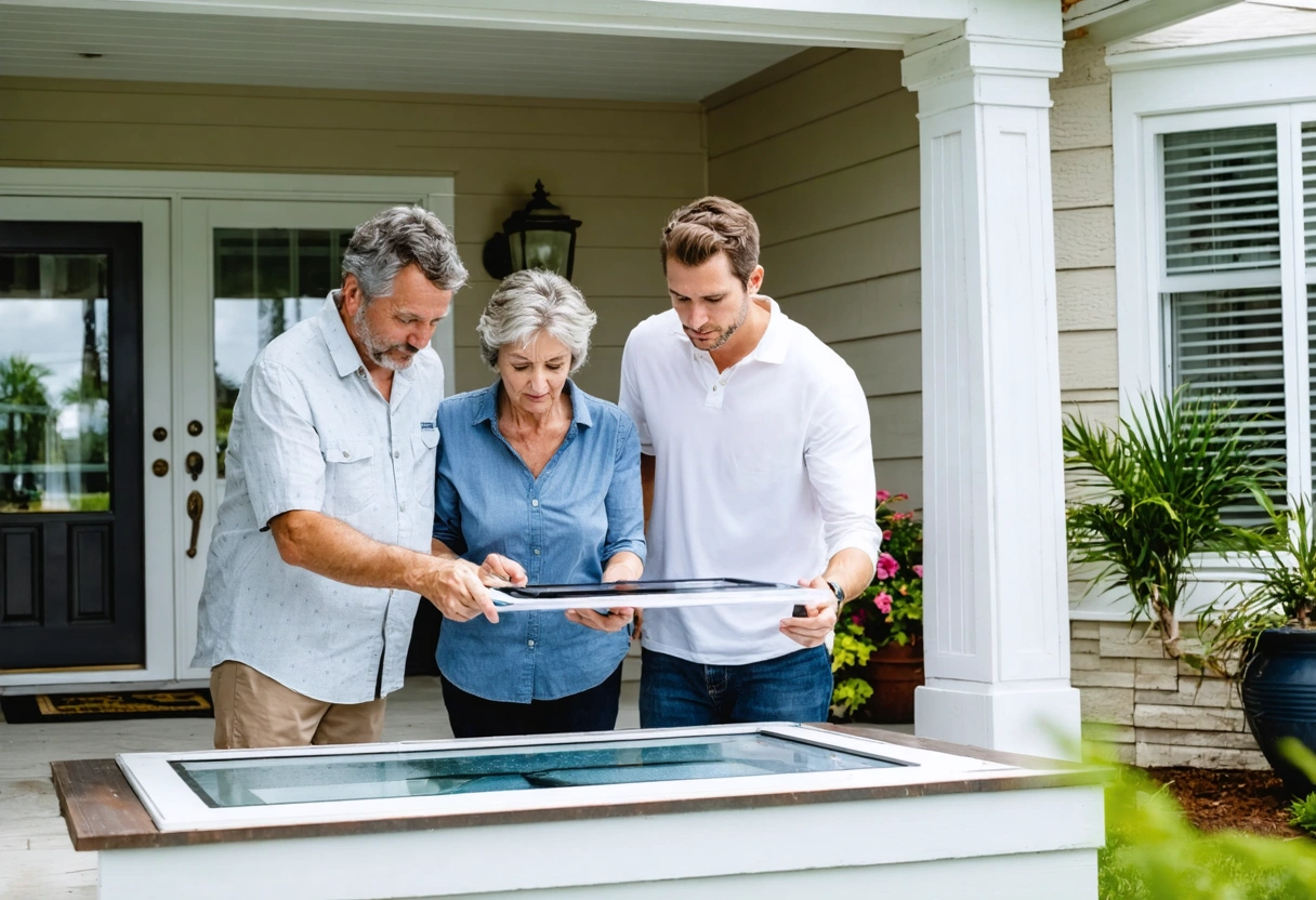 Two homeowners and a specialist discuss impact windows on a patio