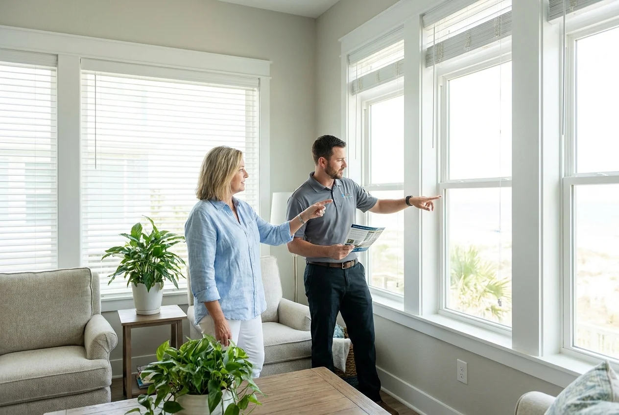 Two people discussing sun control near a bright efficient bedroom window