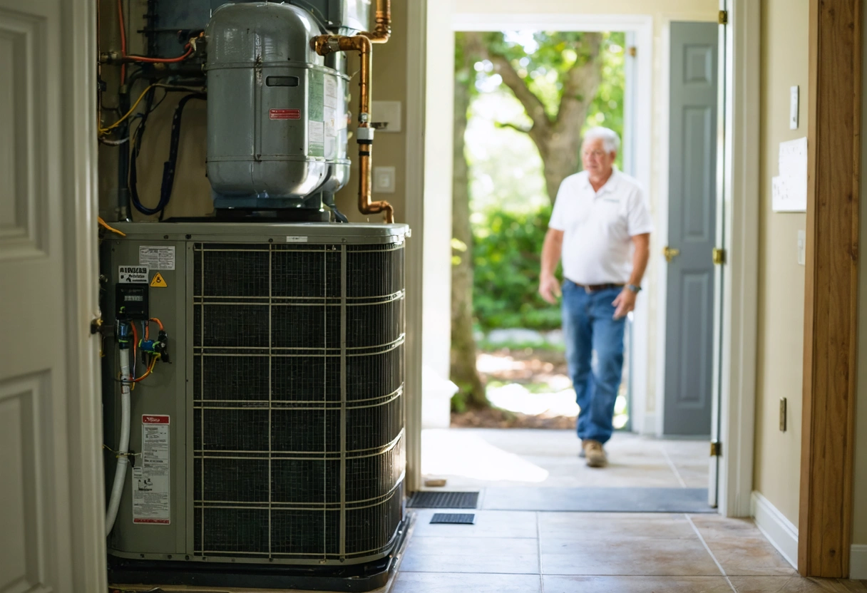 Technician and homeowner near aging HVAC system after window upgrade planning