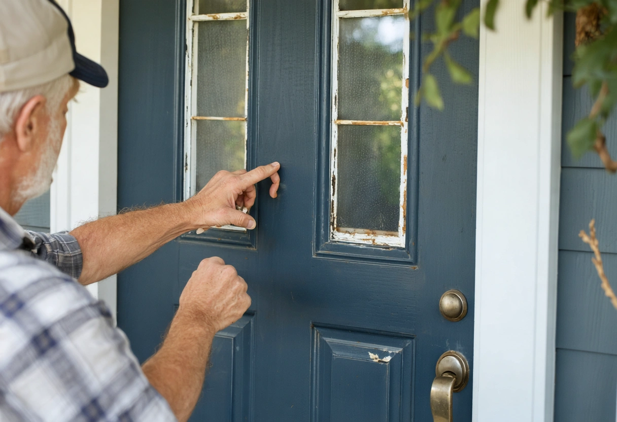 Homeowner inspects an aging entry door with dents, rust, and cracks