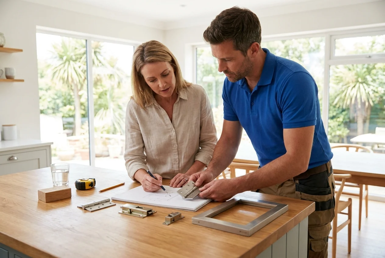 Contractor and homeowner review door hardware, hinge alignment, and frame issues