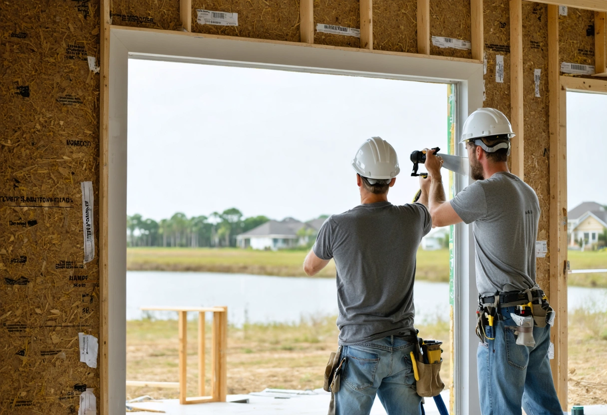 Homeowner and installer review window wall layers and flashing in progress