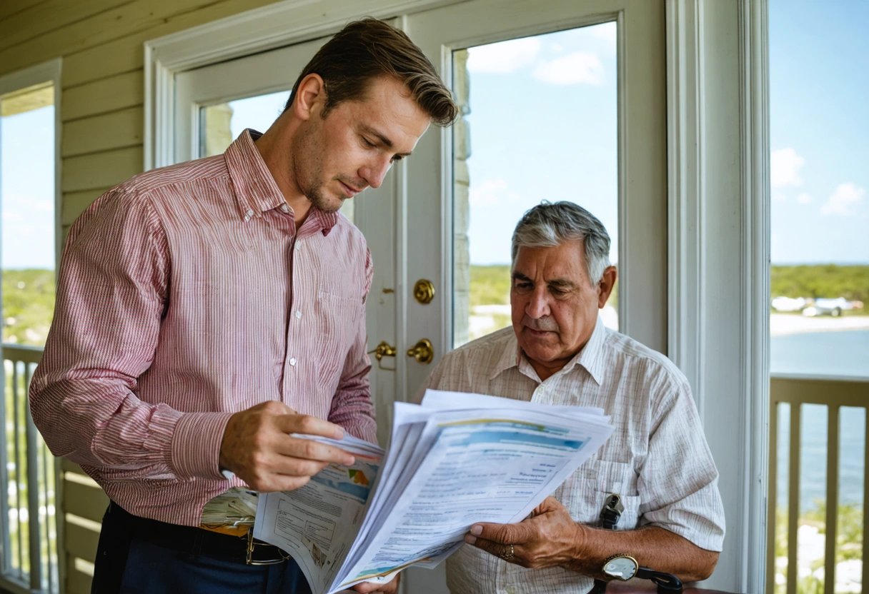 Property owner and manager review storm documents beside an impact window
