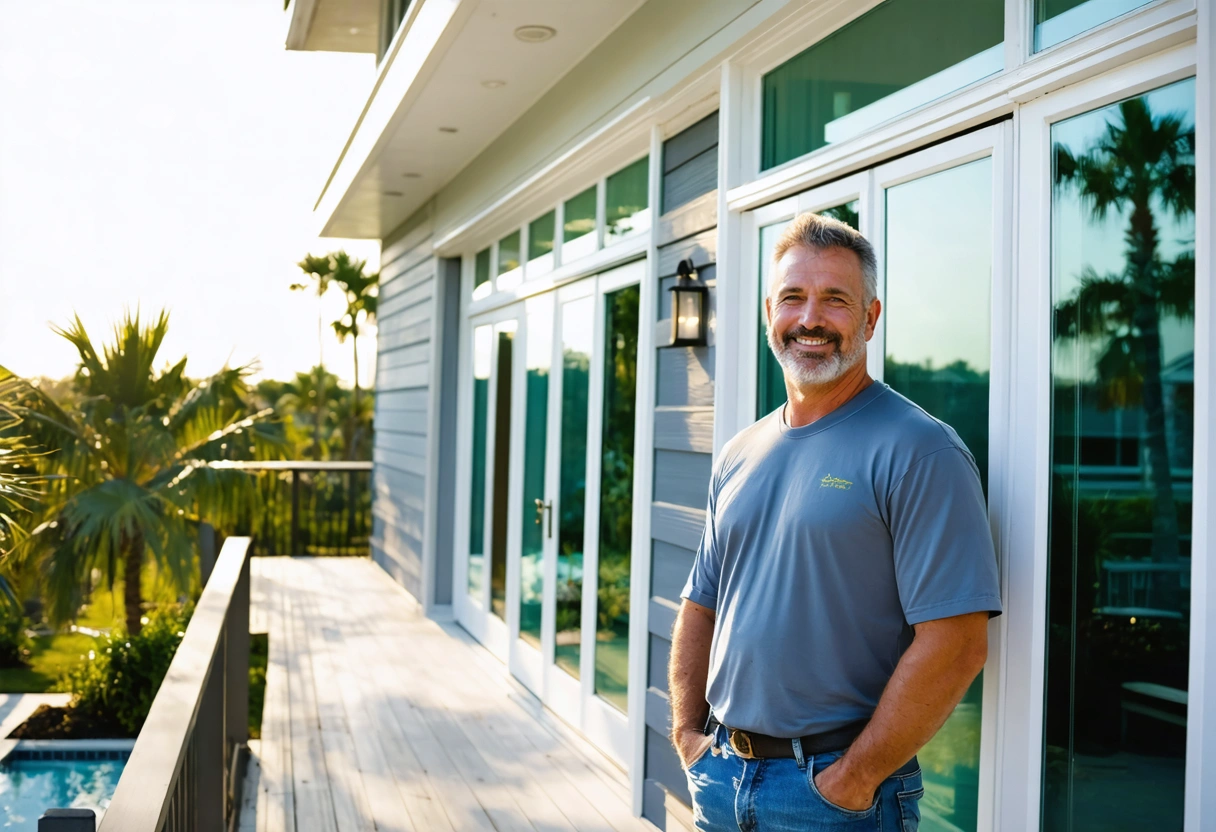 Wide hero shot of a Florida Gulf Coast home exterior in bright humid daylight, a professional window installer and