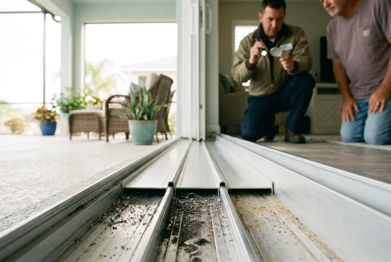 Close-up of debris buildup inside a sliding door track