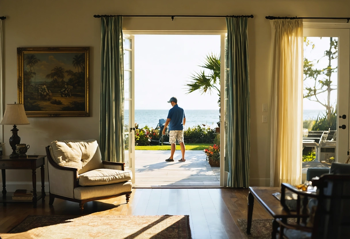 Sunlit coastal living room furnishings protected from fading by impact windows