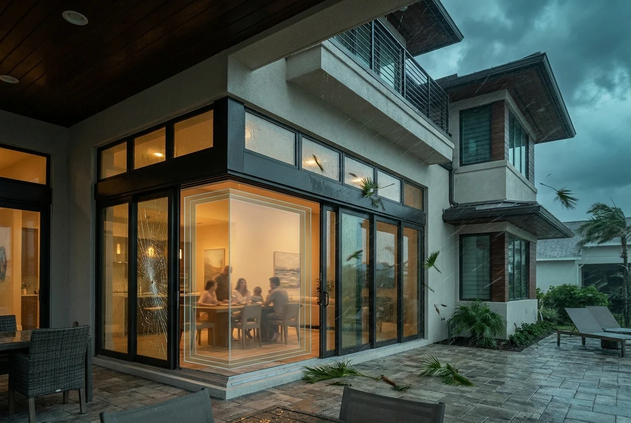 Coastal home shields a family behind reinforced windows during hurricane rain