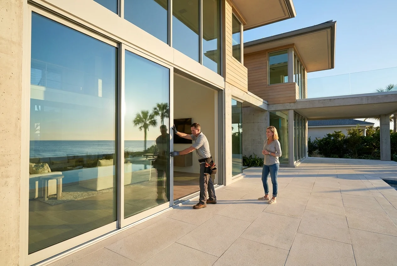 cinematic-wide-hero-image-of-a-iBYsJ5 Installer guides sliding glass door as homeowner watches from sunlit lanai
