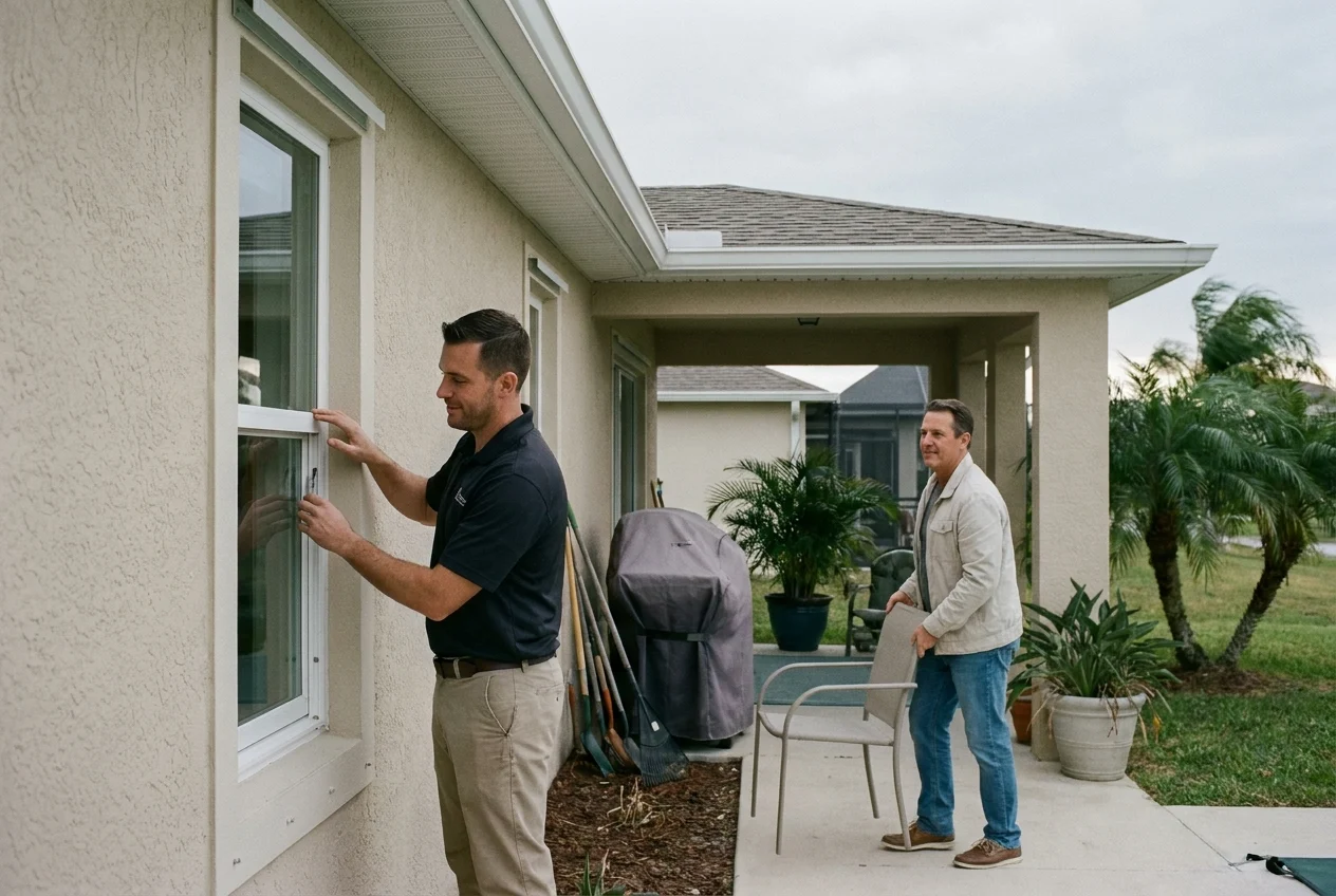 Homeowner and installer calmly secure impact windows before an approaching storm