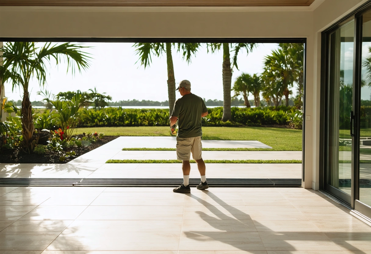 Sliding glass door with damaged lock beside a Florida patio